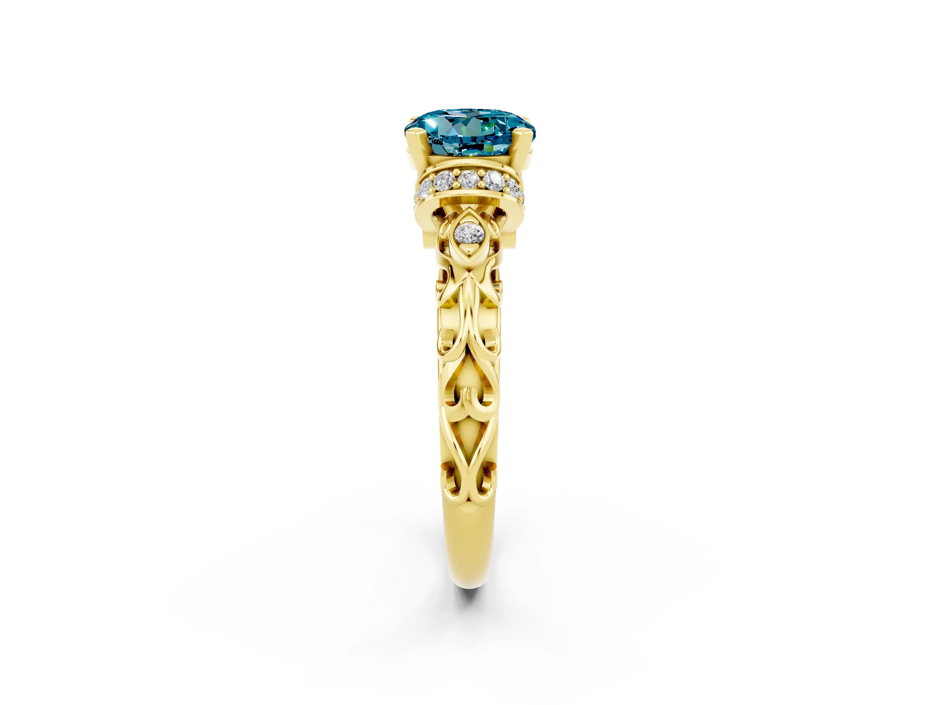 Yellow gold Round Cut Blue Topaz Solitaire Ring with Filigree Band and Four-Prong Setting_26