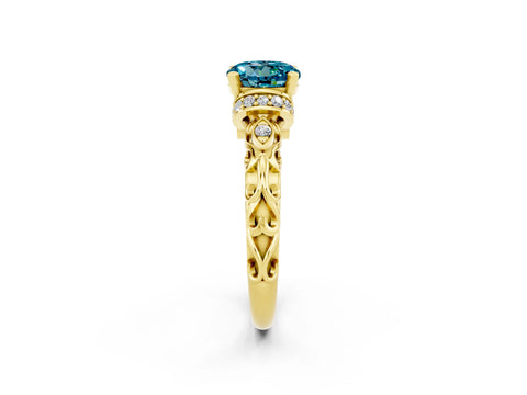Yellow gold Round Cut Blue Topaz Solitaire Ring with Filigree Band and Four-Prong Setting_26