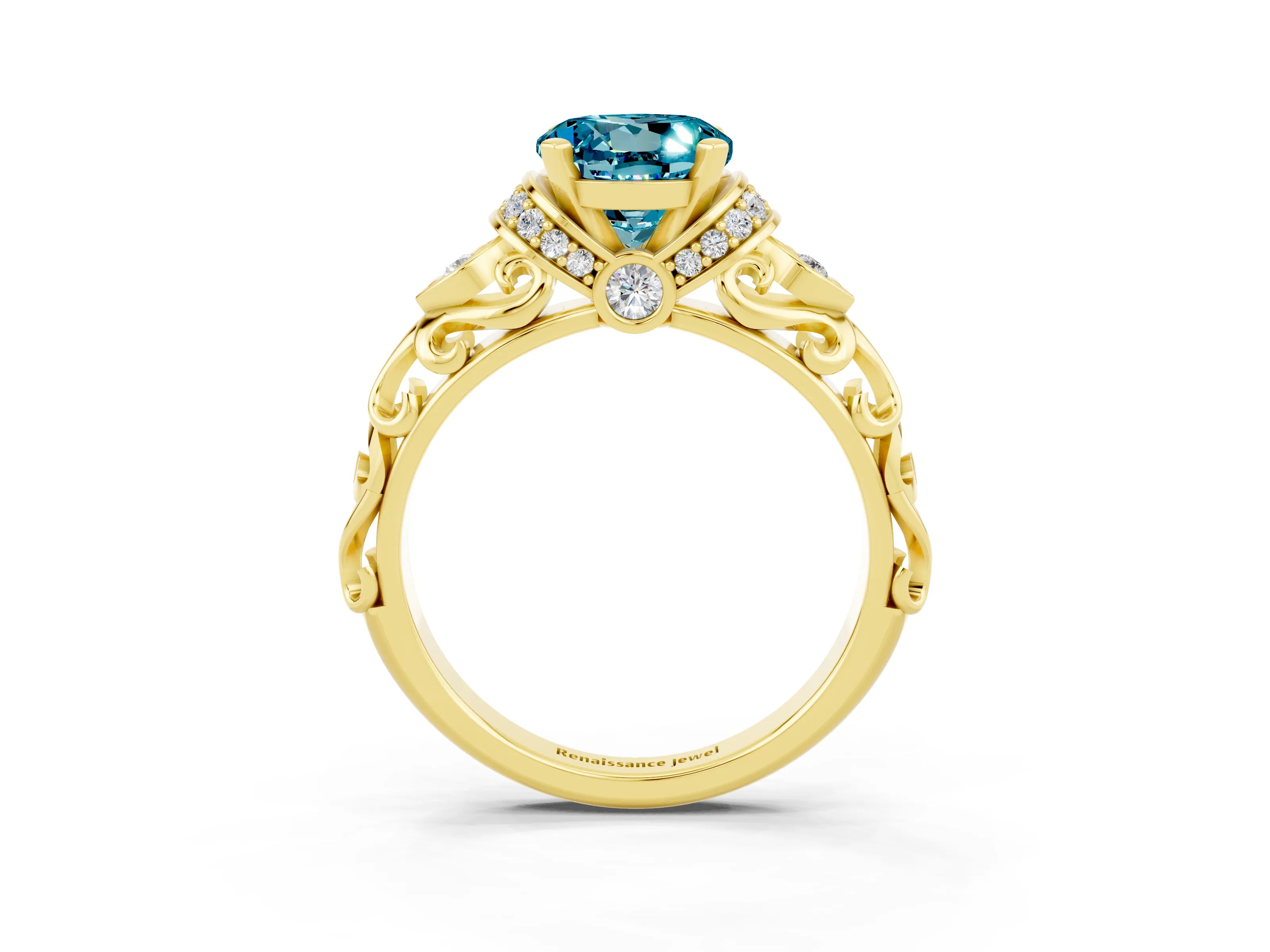 Yellow gold Round Cut Blue Topaz Solitaire Ring with Filigree Band and Four-Prong Setting_27