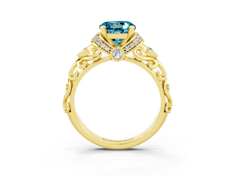 Yellow gold Round Cut Blue Topaz Solitaire Ring with Filigree Band and Four-Prong Setting_27