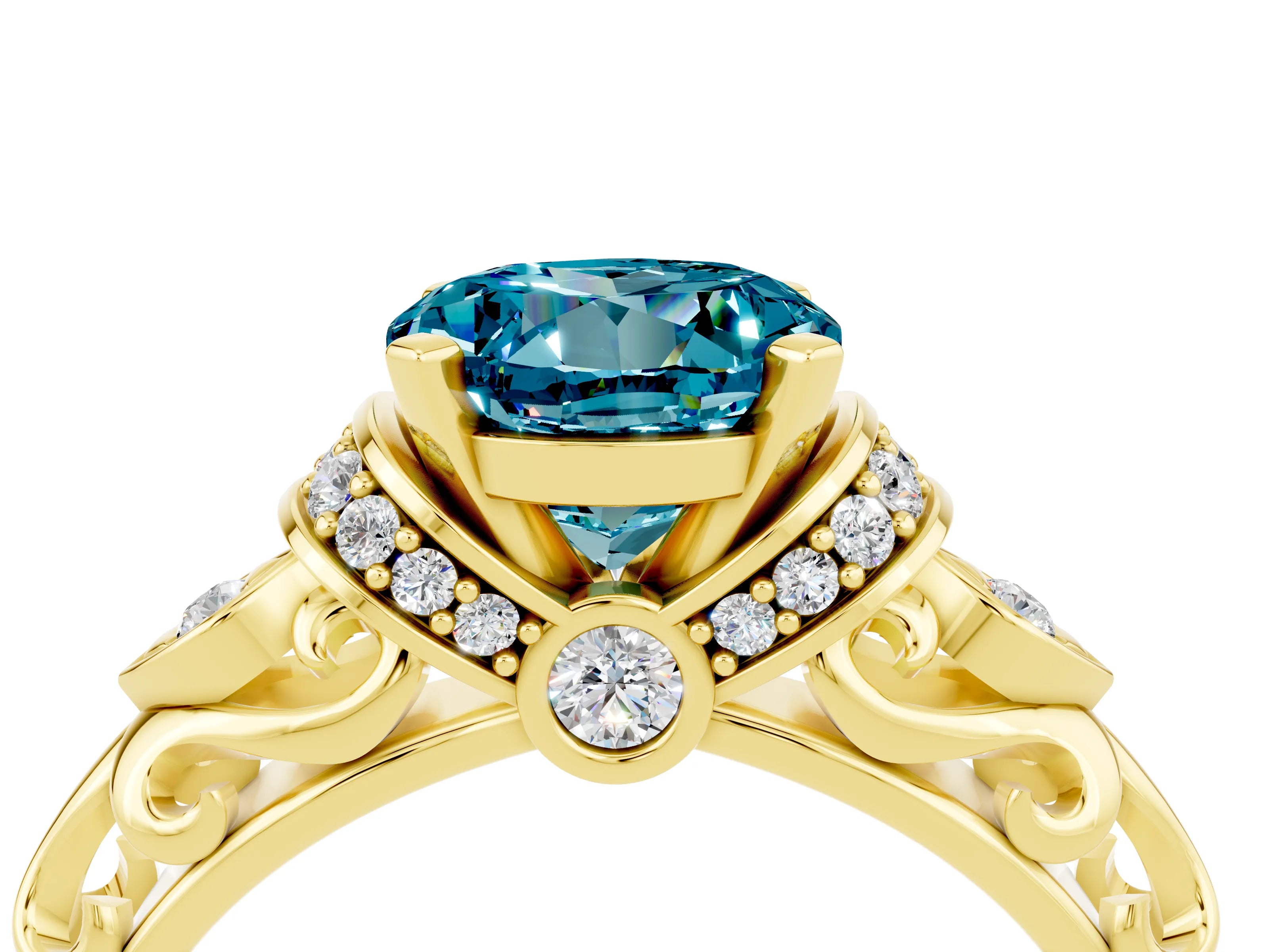 Yellow gold Round Cut Blue Topaz Solitaire Ring with Filigree Band and Four-Prong Setting_28