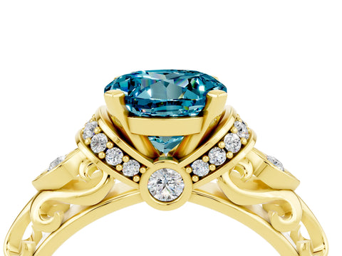 Yellow gold Round Cut Blue Topaz Solitaire Ring with Filigree Band and Four-Prong Setting_28