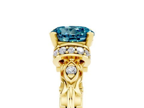 Yellow gold Round Cut Blue Topaz Solitaire Ring with Filigree Band and Four-Prong Setting_29