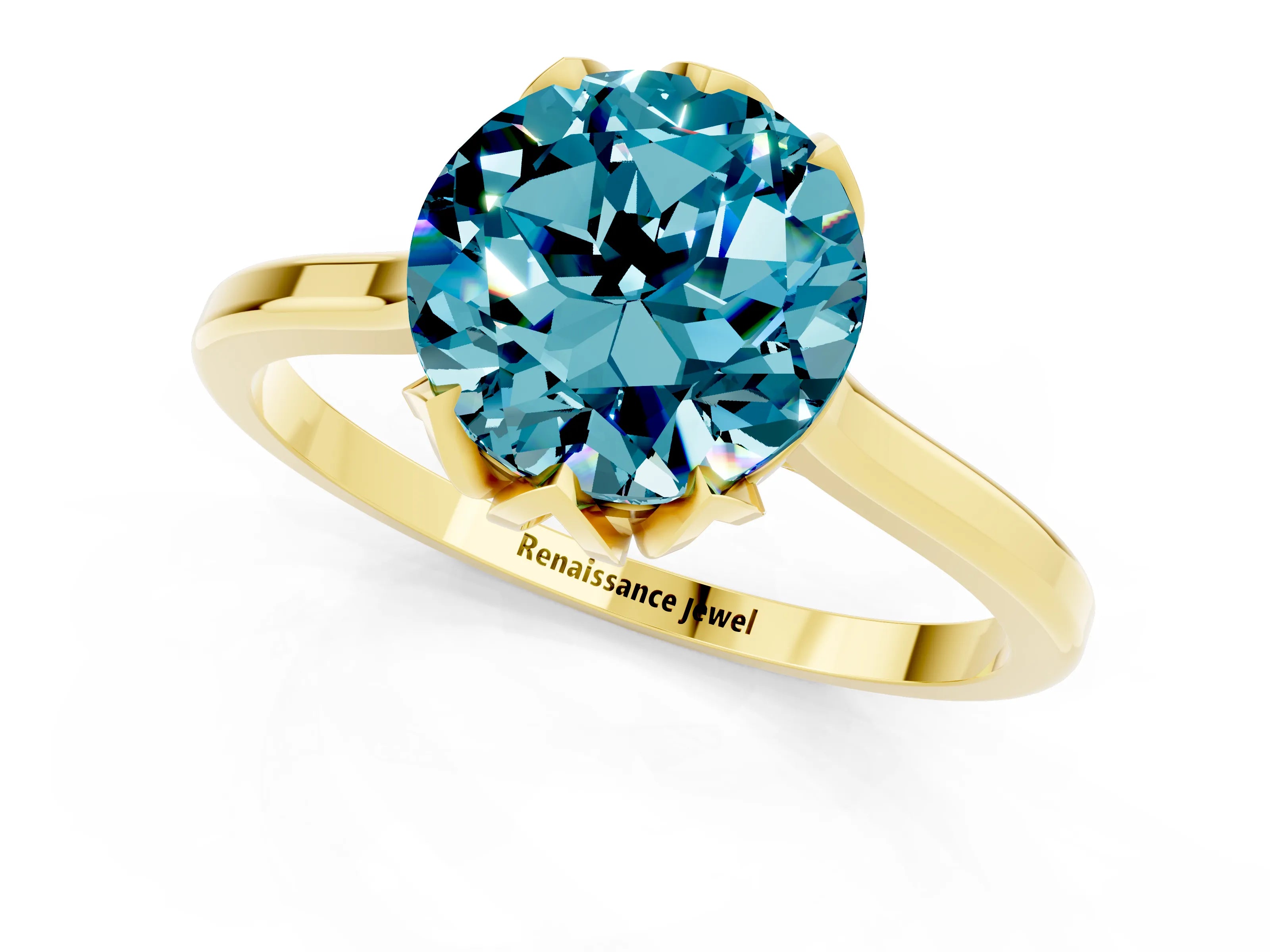Yellow gold Round Cut Blue Topaz Solitaire Ring with Flower Prong Setting and Classic Band_13