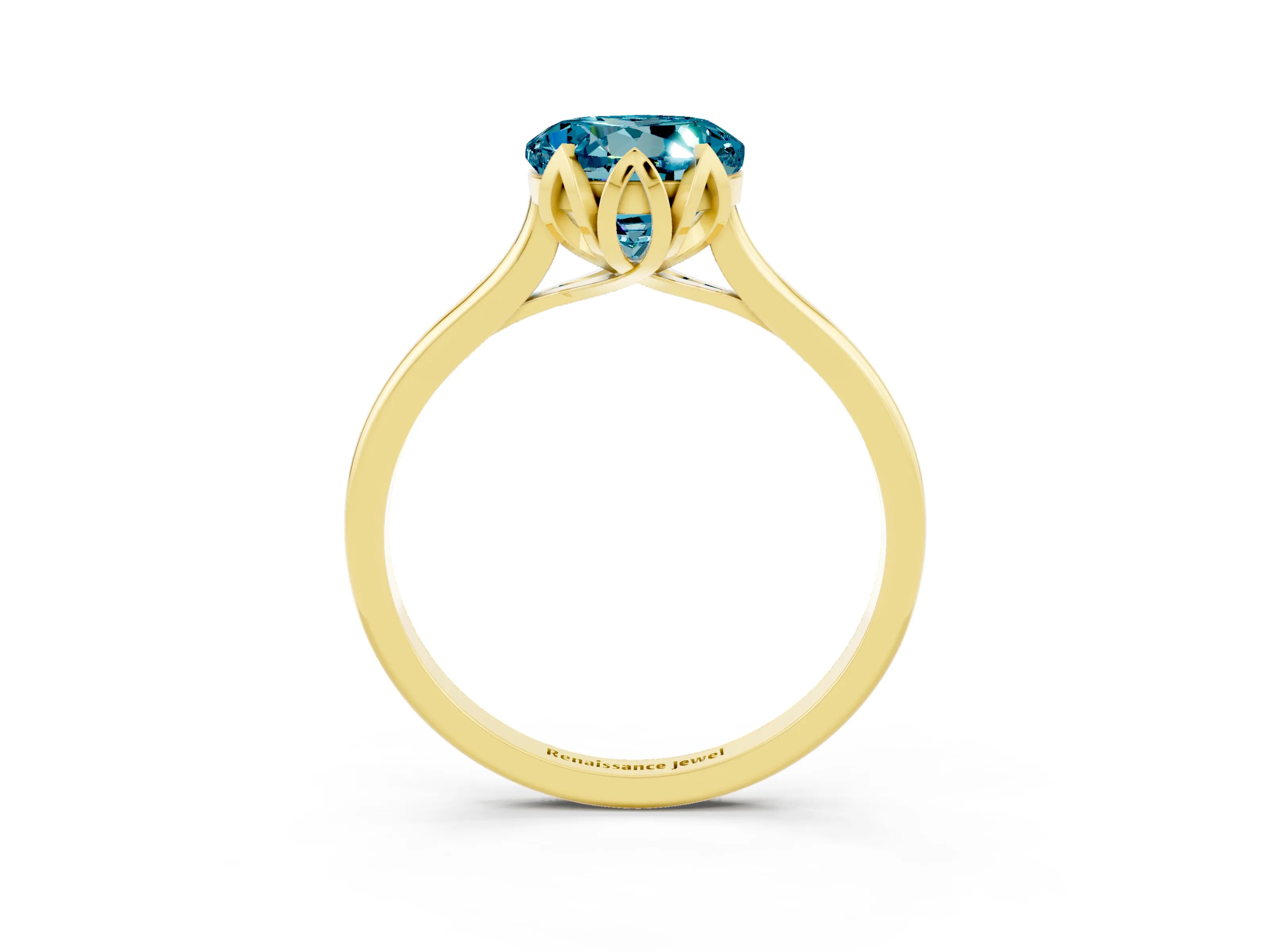 Yellow gold Round Cut Blue Topaz Solitaire Ring with Flower Prong Setting and Classic Band_15