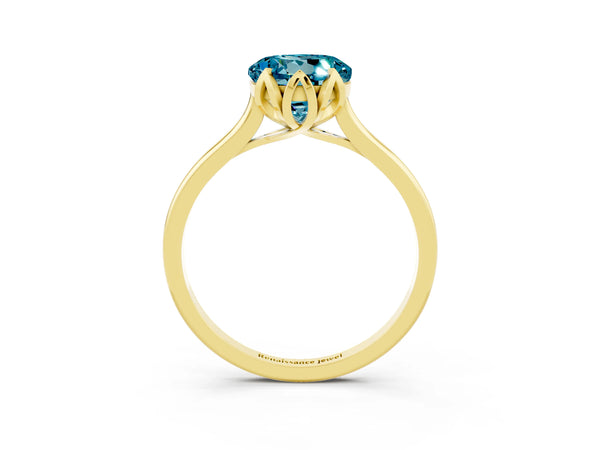 Yellow gold Round Cut Blue Topaz Solitaire Ring with Flower Prong Setting and Classic Band