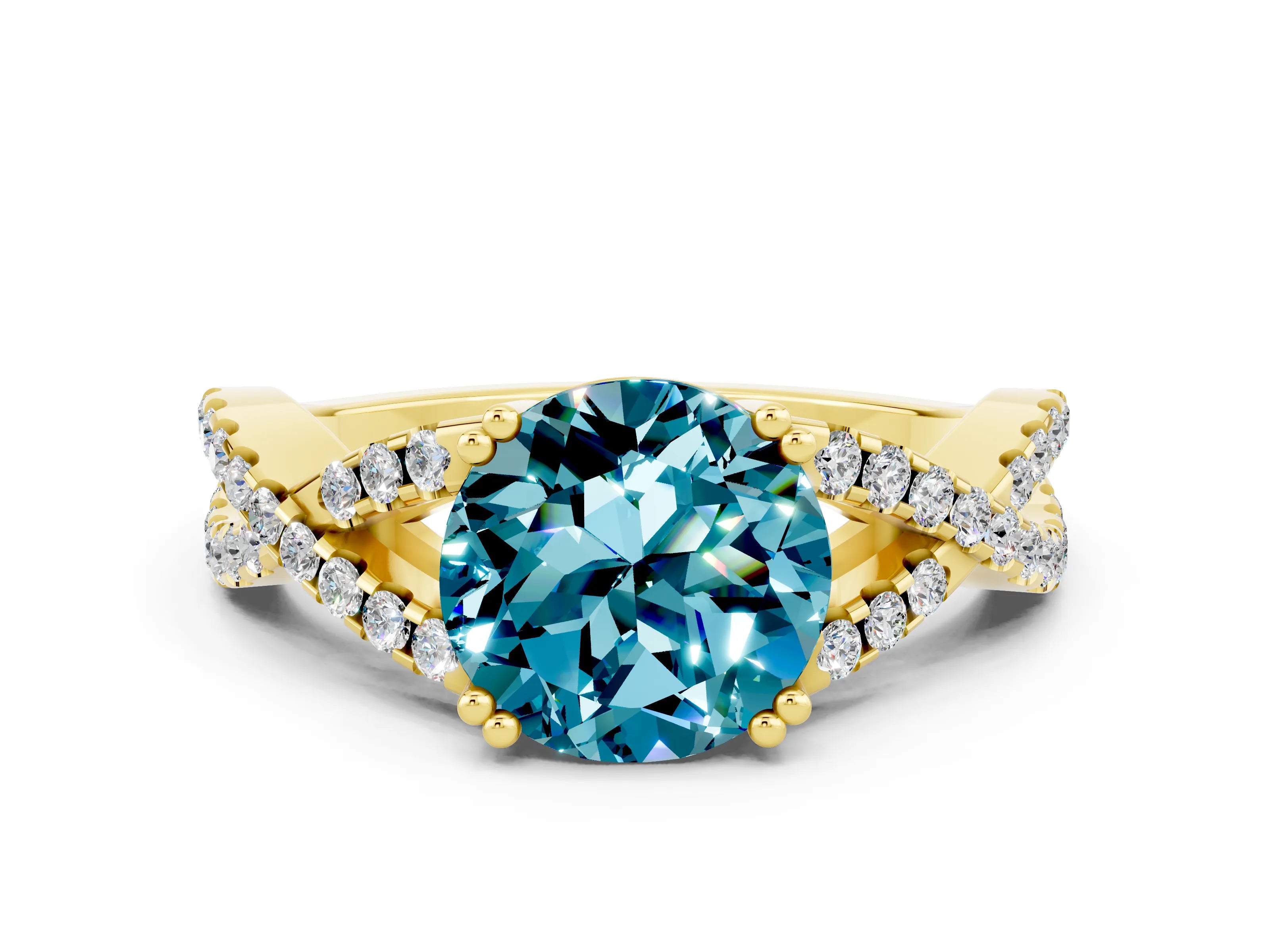 Yellow gold Round Cut Blue Topaz Solitaire Ring with Four-Prong Setting and Twisted Pavé Band