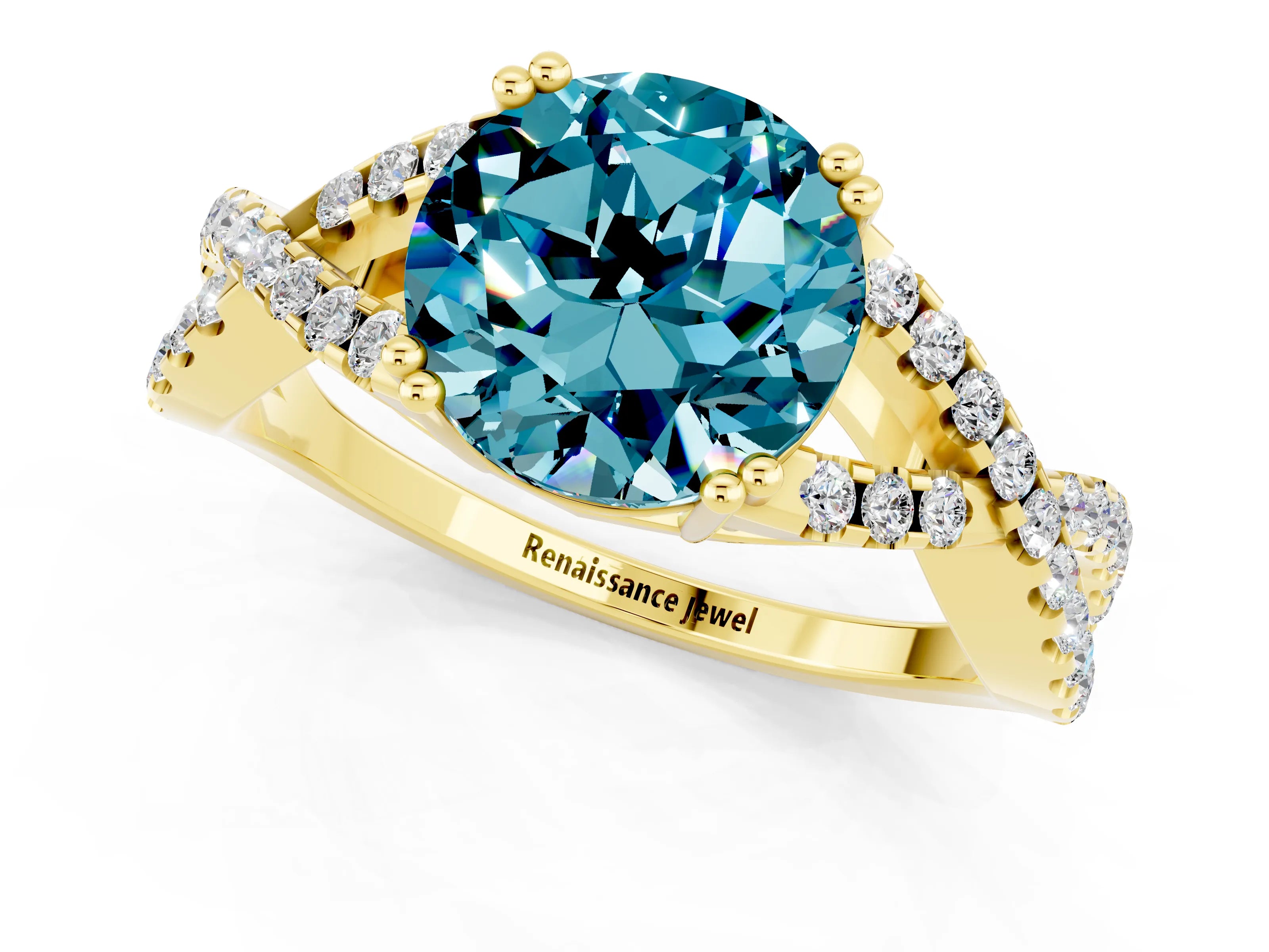 Yellow gold Round Cut Blue Topaz Solitaire Ring with Four-Prong Setting and Twisted Pavé Band_1
