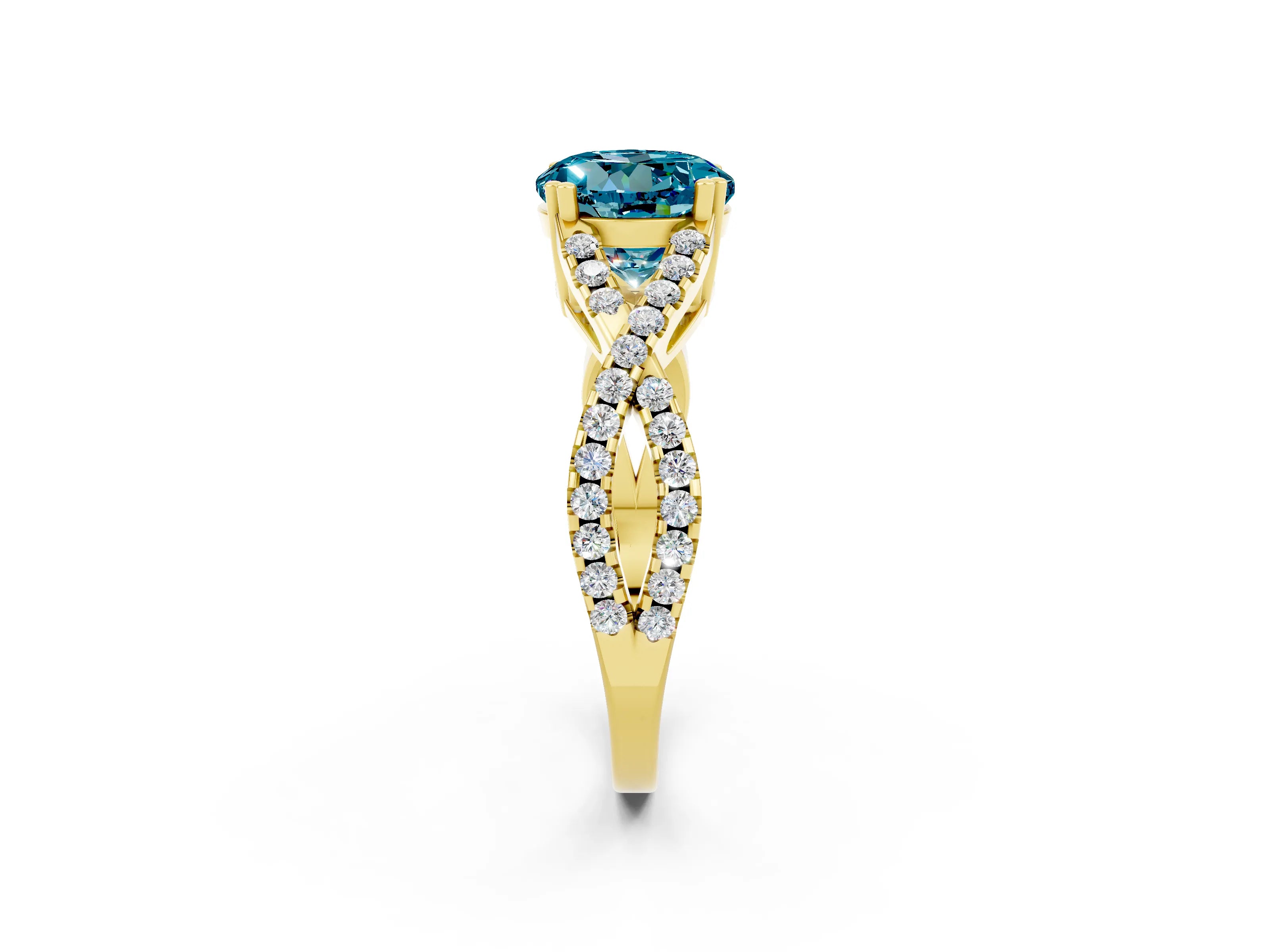 Yellow gold Round Cut Blue Topaz Solitaire Ring with Four-Prong Setting and Twisted Pavé Band_2