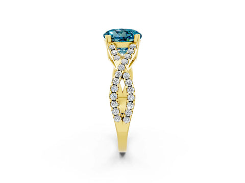 Yellow gold Round Cut Blue Topaz Solitaire Ring with Four-Prong Setting and Twisted Pavé Band_2