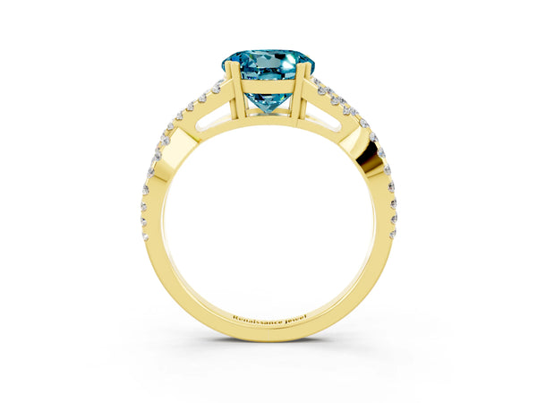 Yellow gold Round Cut Blue Topaz Solitaire Ring with Four-Prong Setting and Twisted Pavé Band