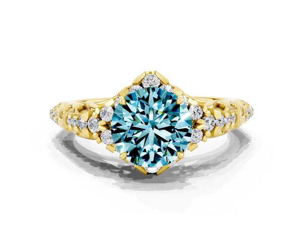 Yellow gold Round Cut Blue Topaz Solitaire Ring with Hidden Halo and Pavé Band