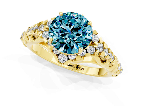 Yellow gold Round Cut Blue Topaz Solitaire Ring with Hidden Halo and Pavé Band