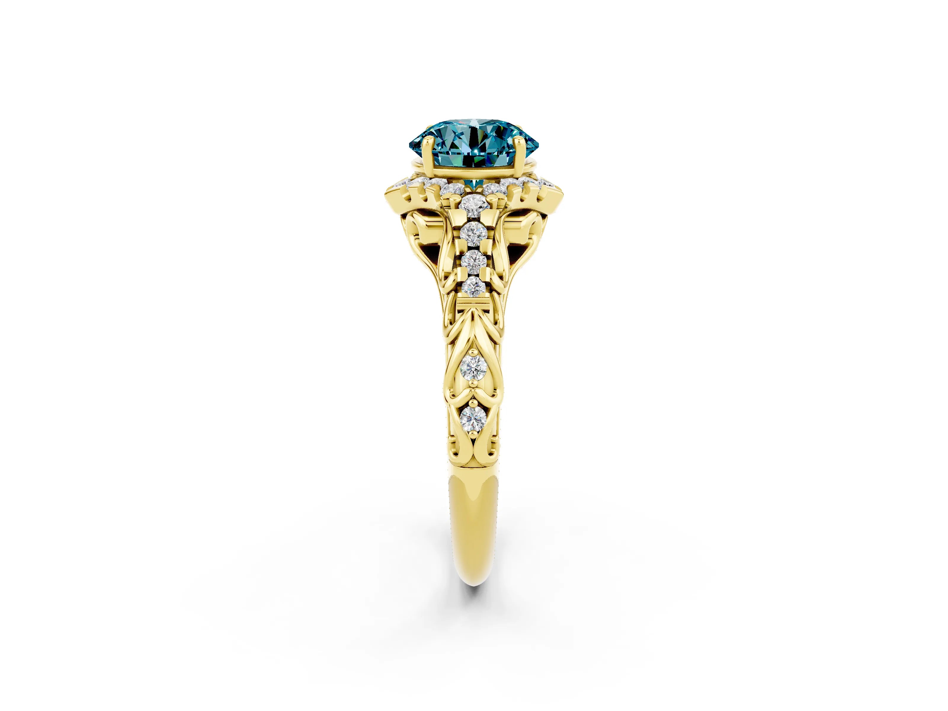 Yellow gold Round Cut Blue Topaz Solitaire Ring with Hidden Halo and Pavé Band_37