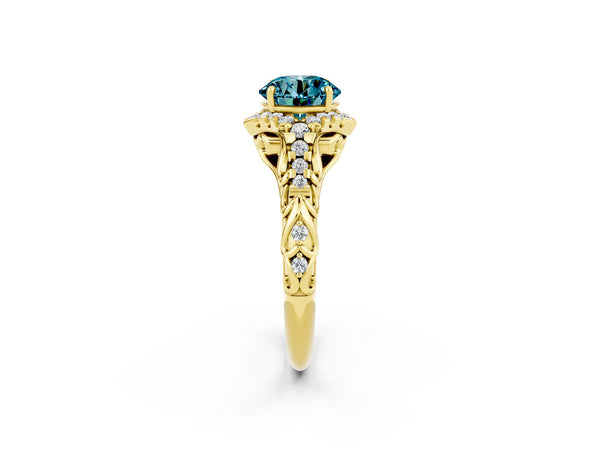 Yellow gold Round Cut Blue Topaz Solitaire Ring with Hidden Halo and Pavé Band