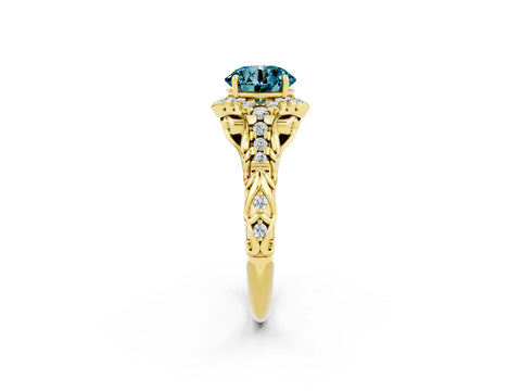 Yellow gold Round Cut Blue Topaz Solitaire Ring with Hidden Halo and Pavé Band_37