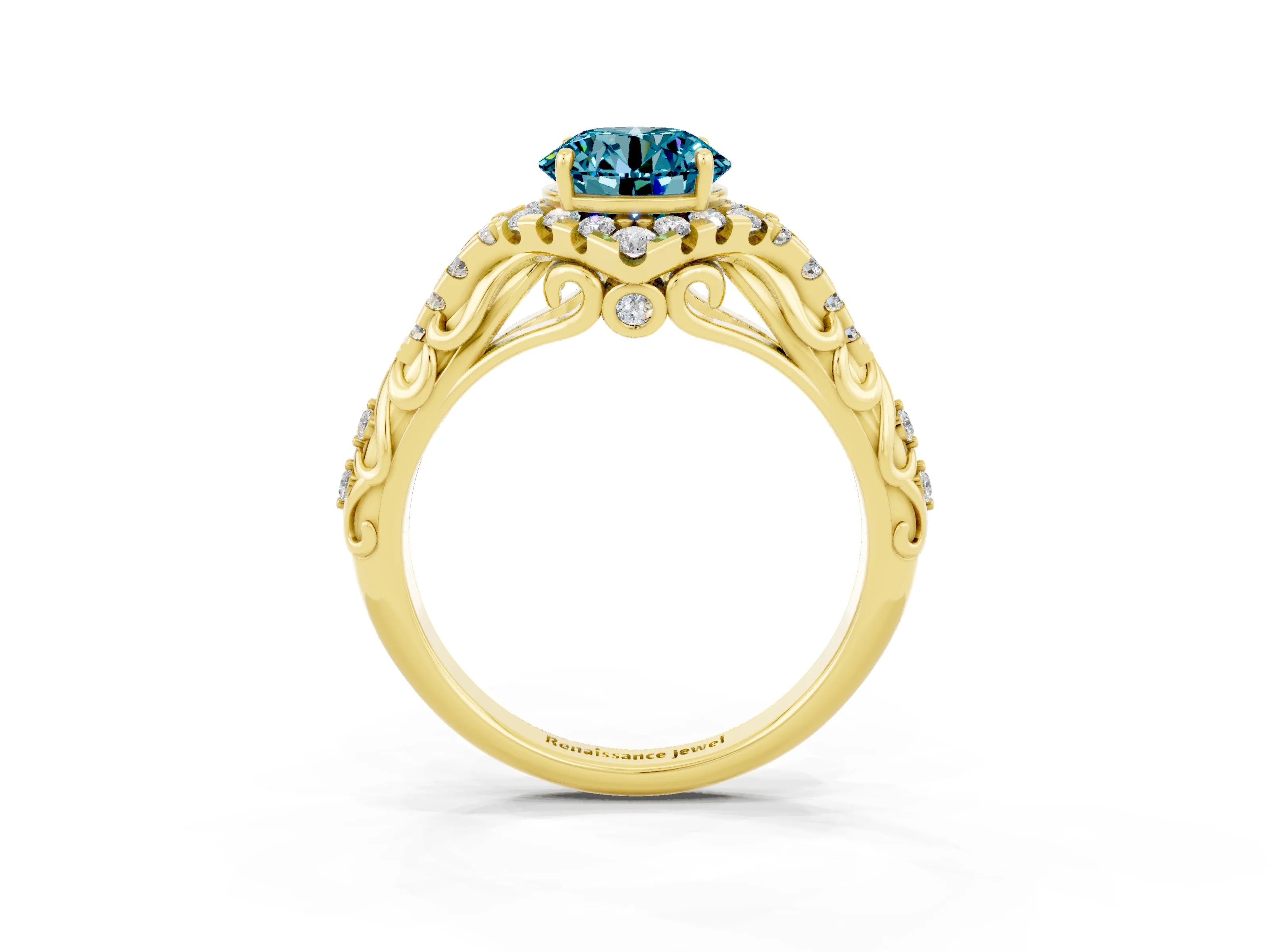 Yellow gold Round Cut Blue Topaz Solitaire Ring with Hidden Halo and Pavé Band_38