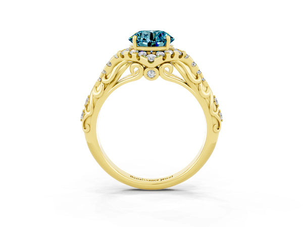 Yellow gold Round Cut Blue Topaz Solitaire Ring with Hidden Halo and Pavé Band