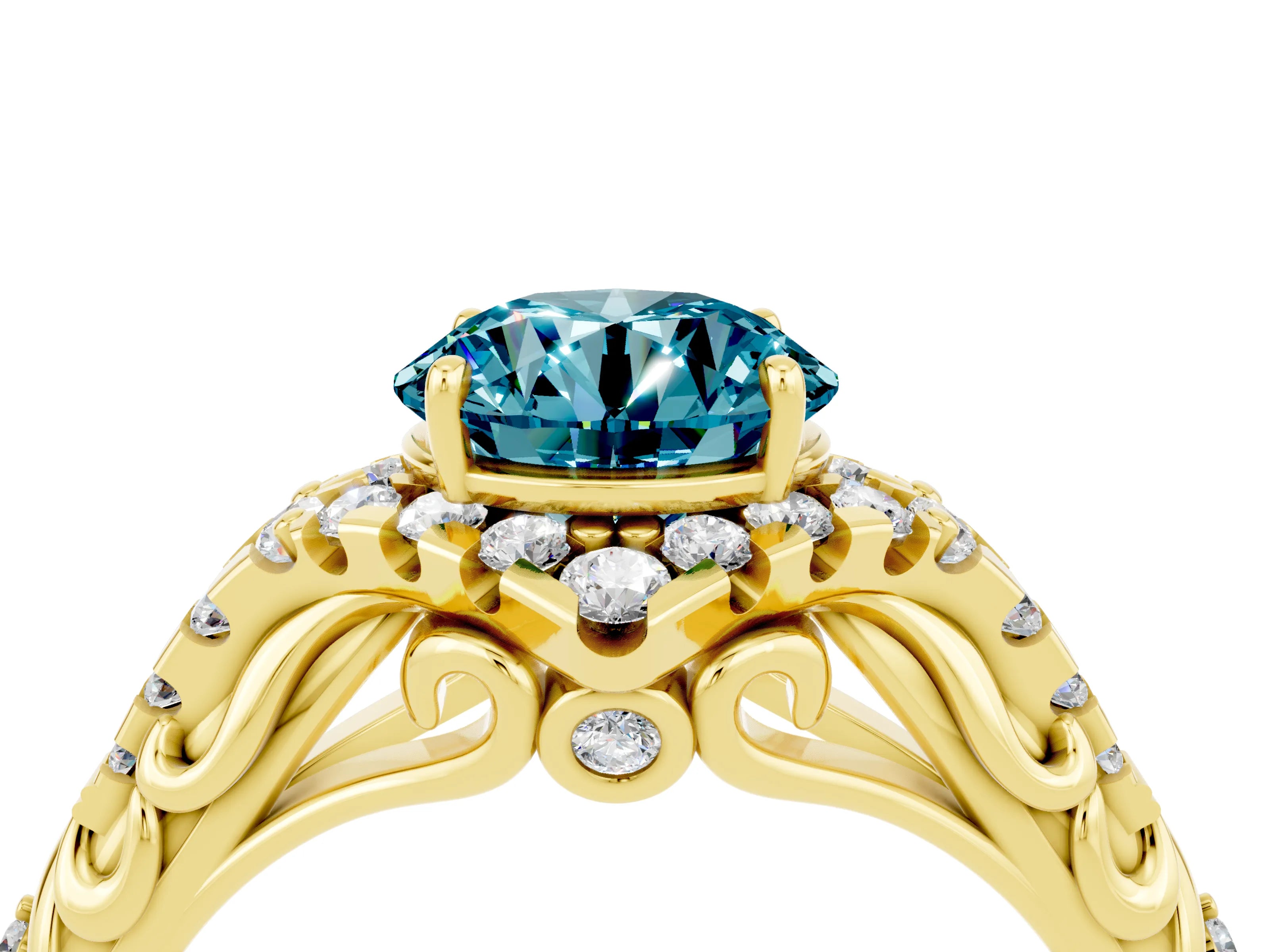 Yellow gold Round Cut Blue Topaz Solitaire Ring with Hidden Halo and Pavé Band_39