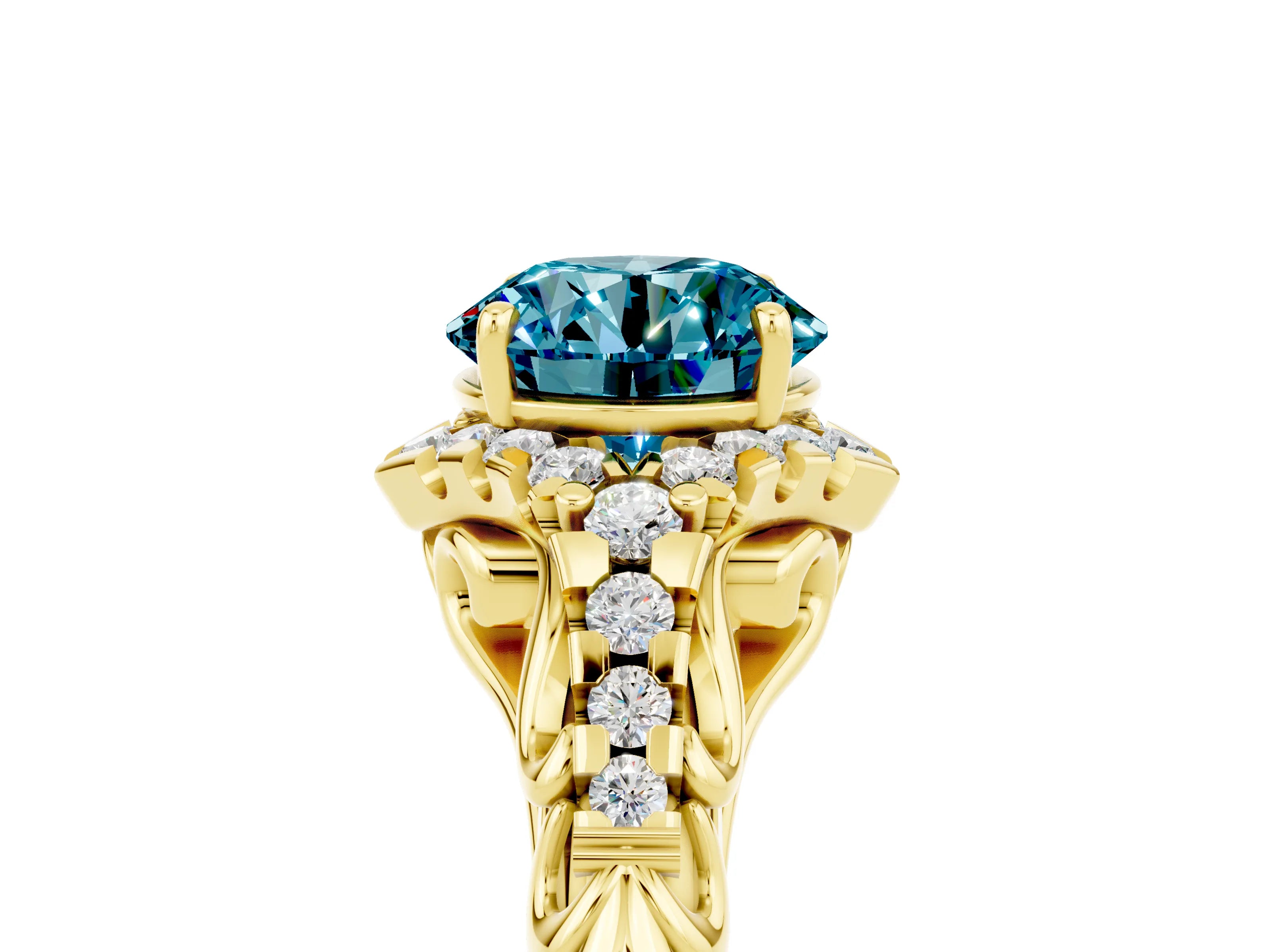 Yellow gold Round Cut Blue Topaz Solitaire Ring with Hidden Halo and Pavé Band_40