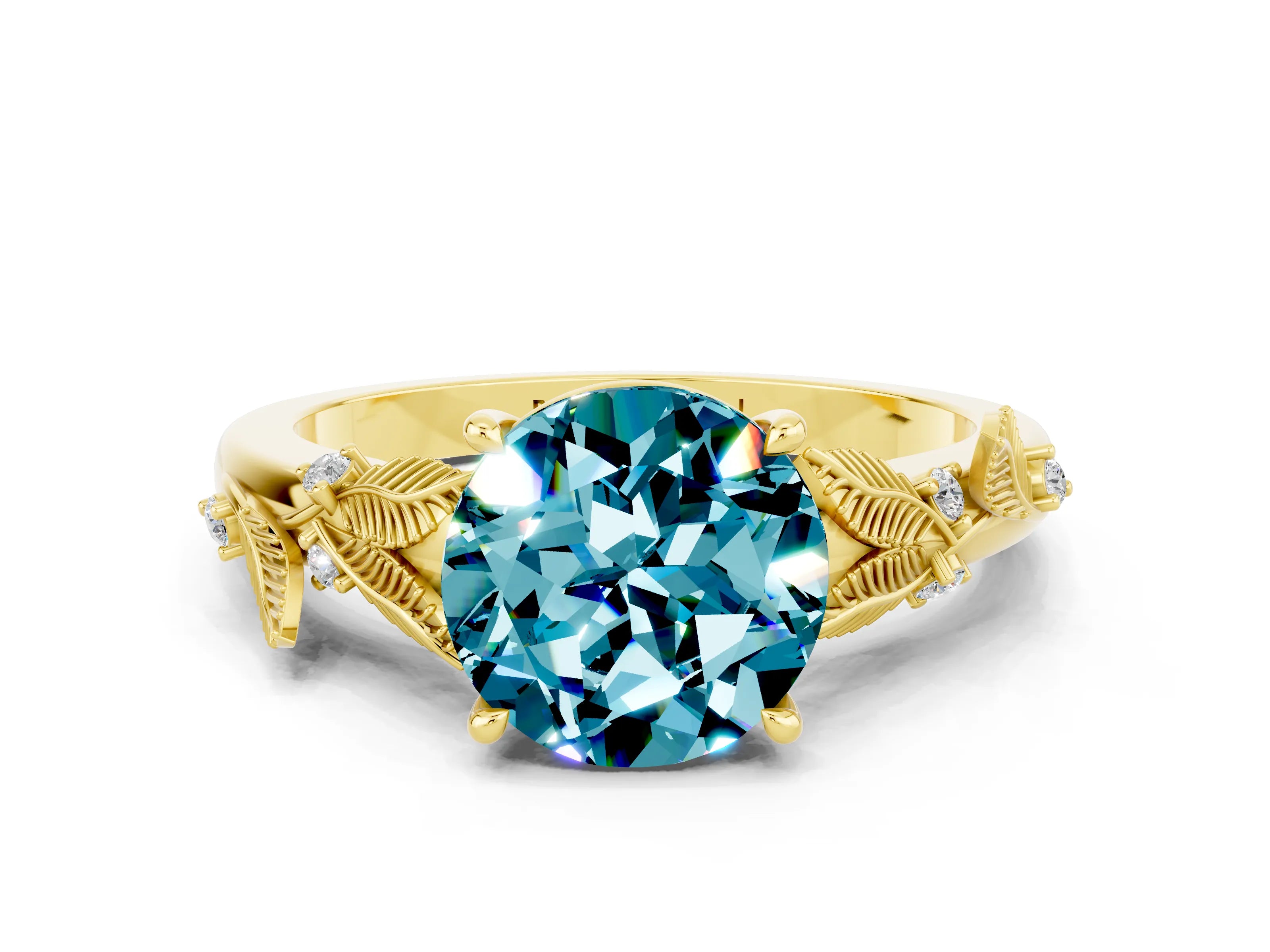 Yellow gold Round Cut Blue Topaz Solitaire Ring with Leaf Motif Band and Four-Prong Setting