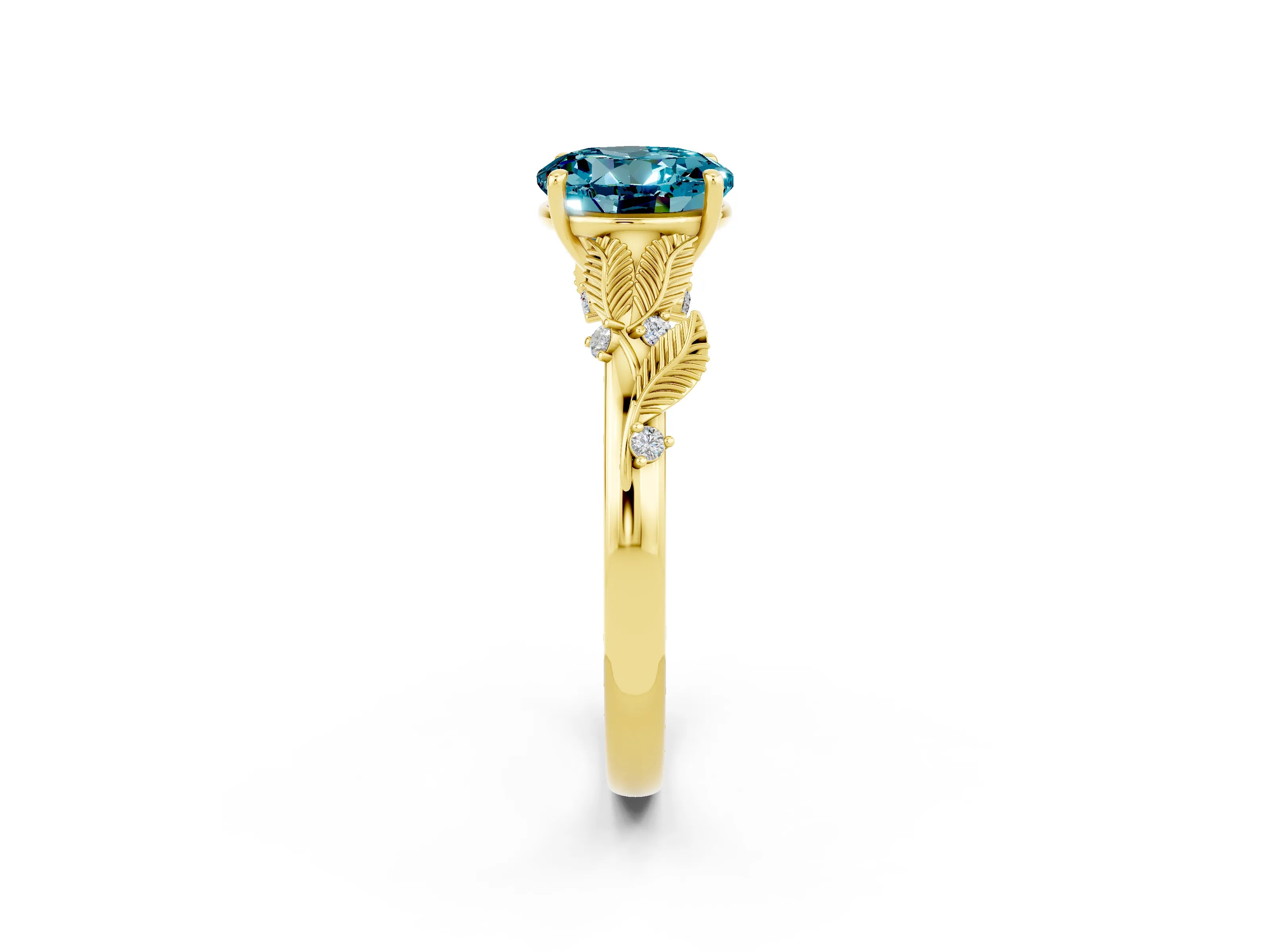 Yellow gold Round Cut Blue Topaz Solitaire Ring with Leaf Motif Band and Four-Prong Setting_2
