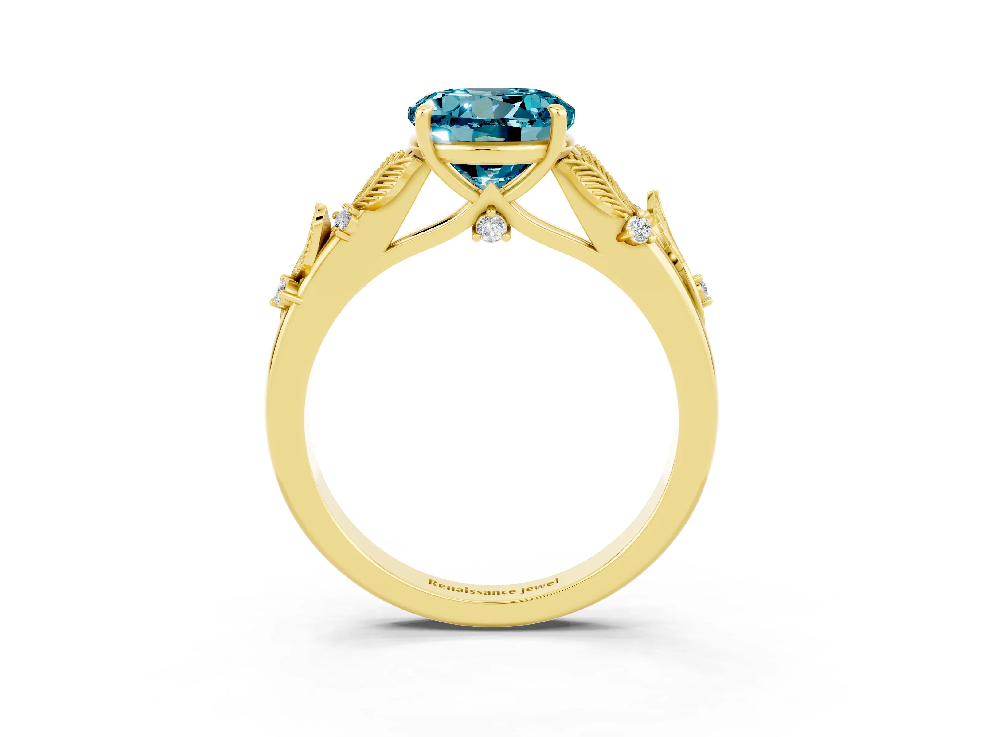 Yellow gold Round Cut Blue Topaz Solitaire Ring with Leaf Motif Band and Four-Prong Setting_3
