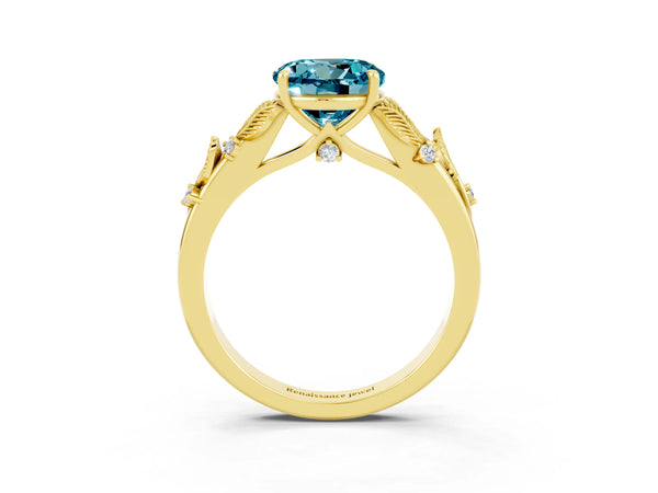 Yellow gold Round Cut Blue Topaz Solitaire Ring with Leaf Motif Band and Four-Prong Setting