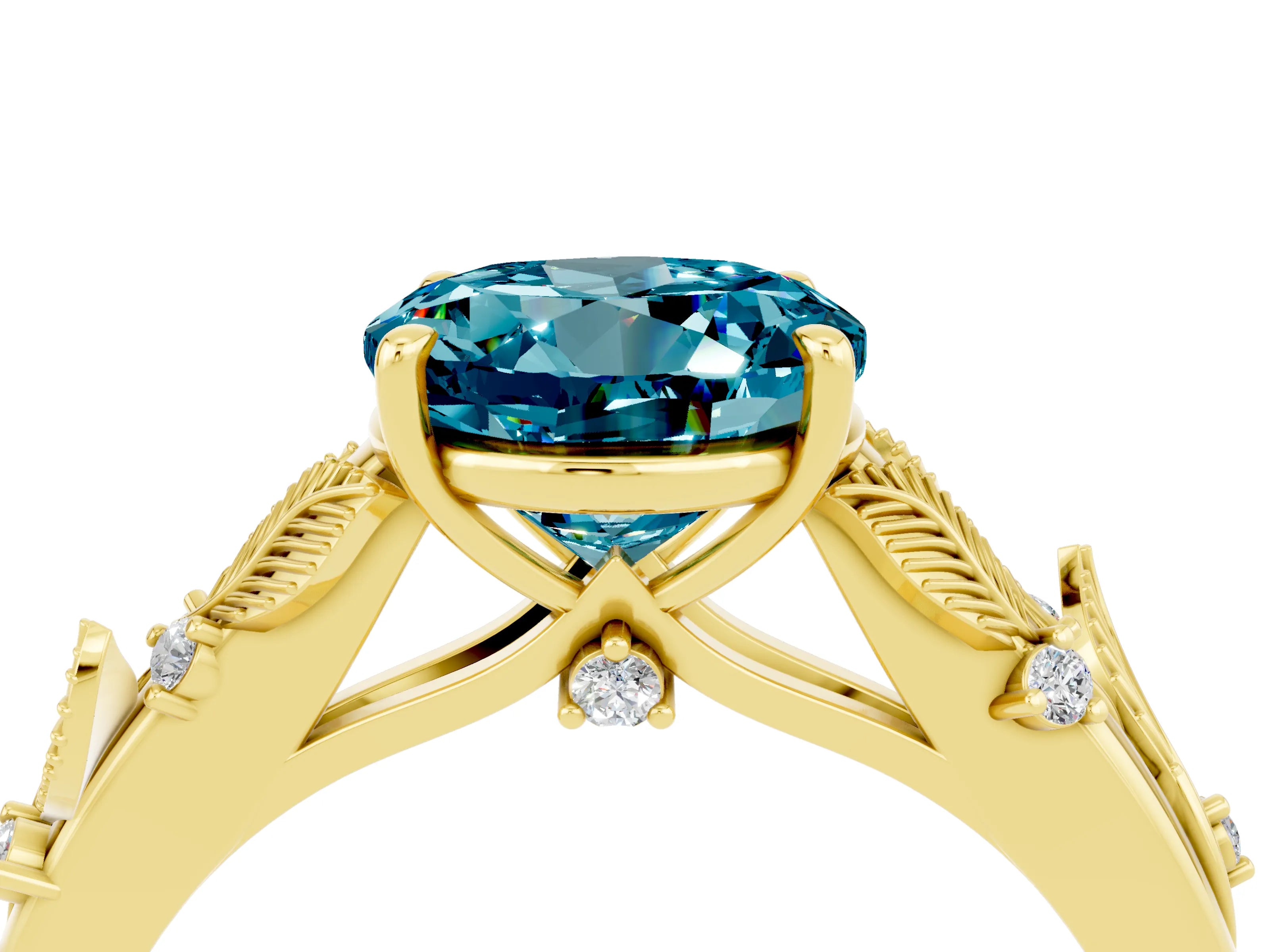 Yellow gold Round Cut Blue Topaz Solitaire Ring with Leaf Motif Band and Four-Prong Setting_4