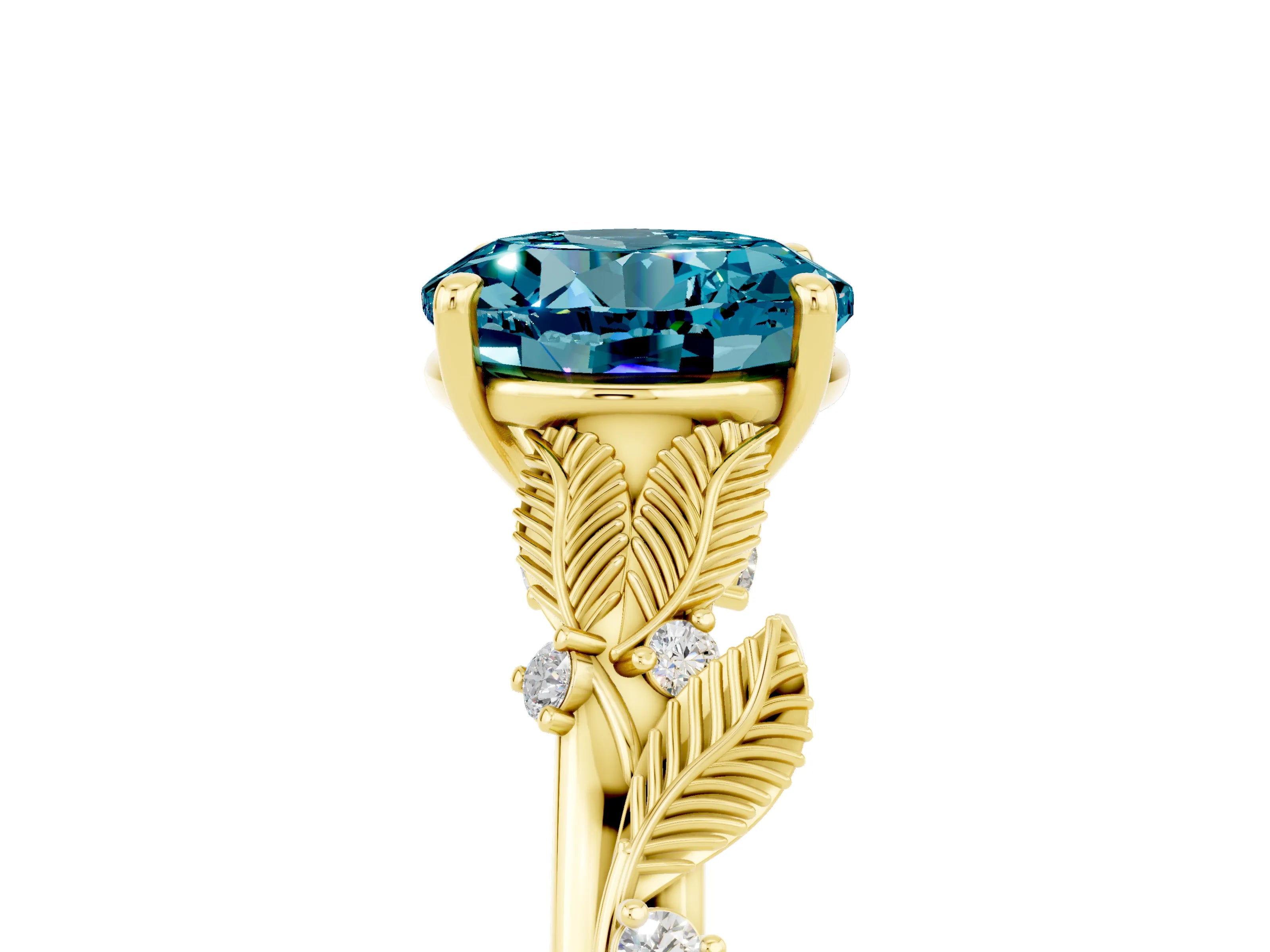 Yellow gold Round Cut Blue Topaz Solitaire Ring with Leaf Motif Band and Four-Prong Setting_5
