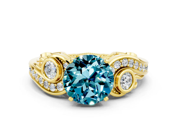 Yellow gold Round Cut Blue Topaz Solitaire Ring with Milgrain Pavé Band and Four-Prong Setting