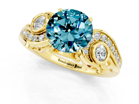 Yellow gold Round Cut Blue Topaz Solitaire Ring with Milgrain Pavé Band and Four-Prong Setting_25