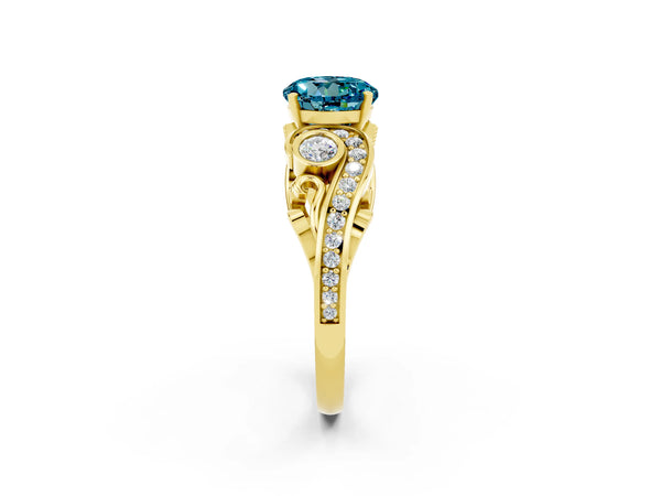 Yellow gold Round Cut Blue Topaz Solitaire Ring with Milgrain Pavé Band and Four-Prong Setting