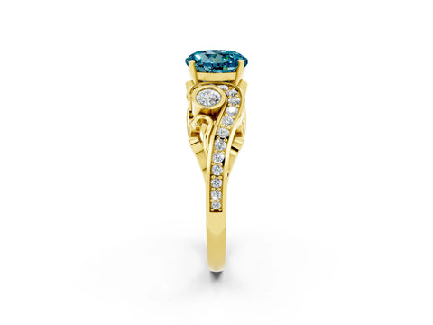 Yellow gold Round Cut Blue Topaz Solitaire Ring with Milgrain Pavé Band and Four-Prong Setting_26