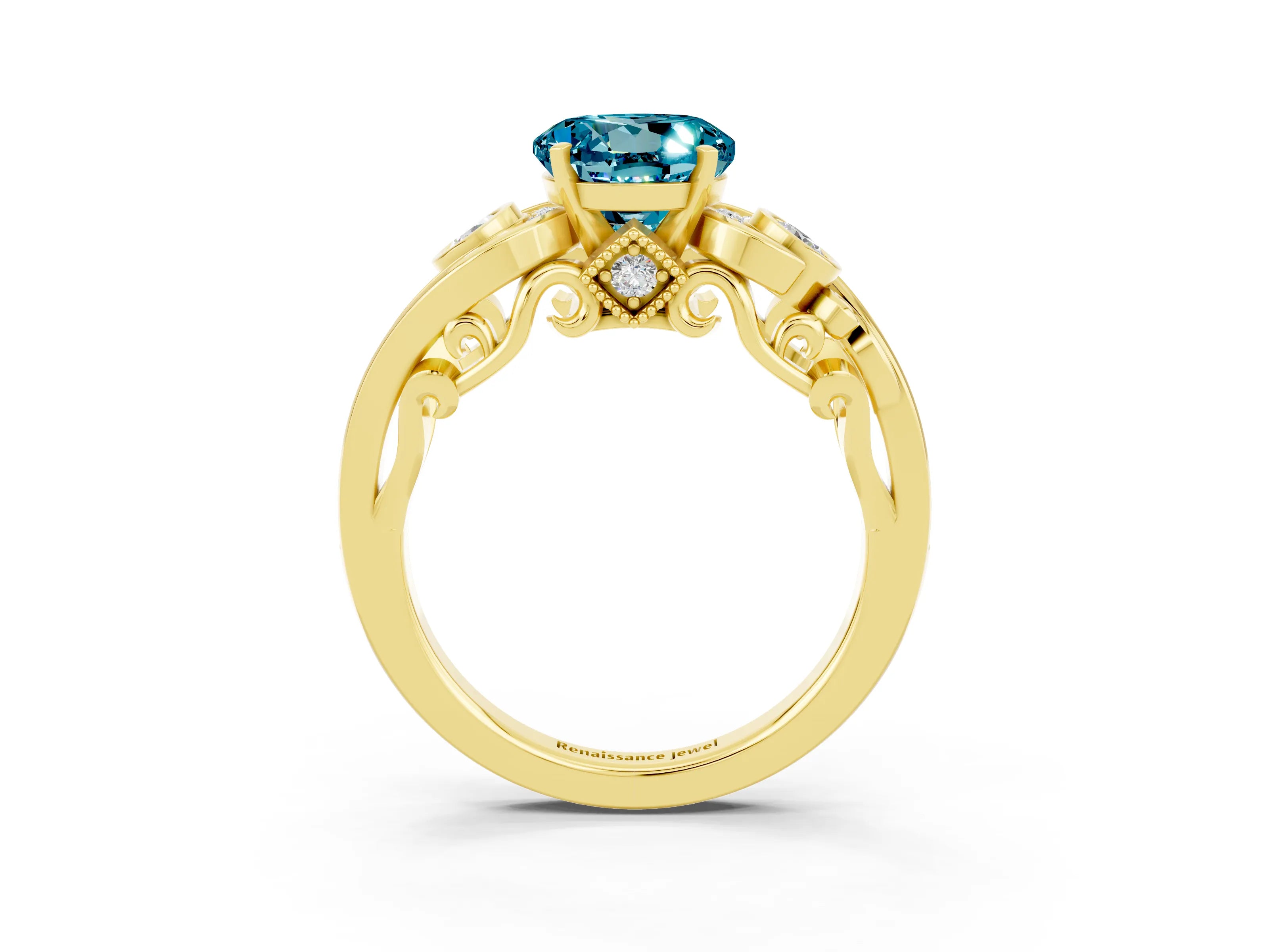 Yellow gold Round Cut Blue Topaz Solitaire Ring with Milgrain Pavé Band and Four-Prong Setting_27
