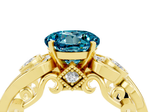 Yellow gold Round Cut Blue Topaz Solitaire Ring with Milgrain Pavé Band and Four-Prong Setting_28