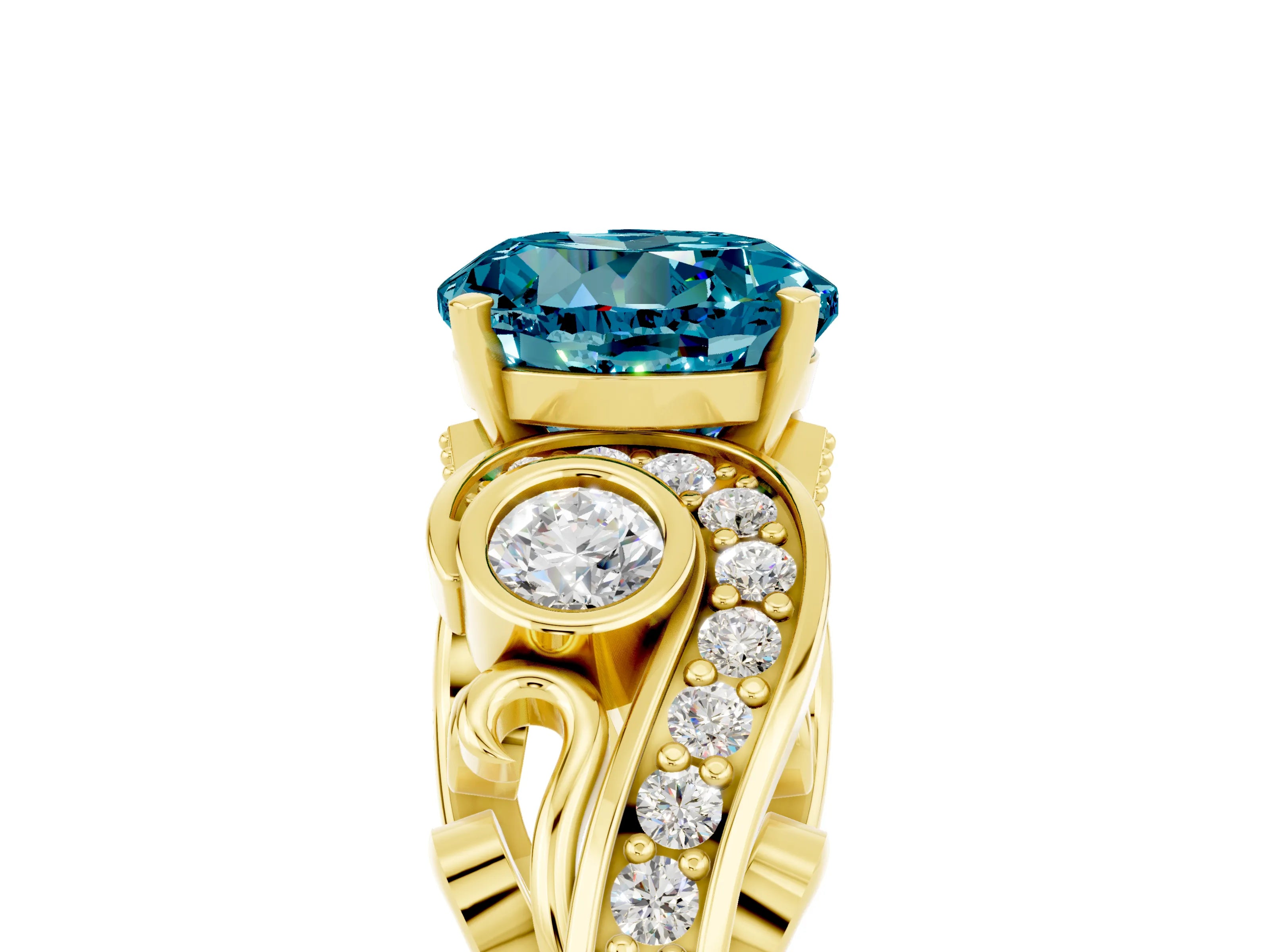 Yellow gold Round Cut Blue Topaz Solitaire Ring with Milgrain Pavé Band and Four-Prong Setting_29