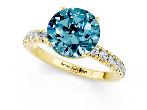 Yellow gold Round Cut Blue Topaz Solitaire Ring with Pavé Accents and Four-Prong Setting_1
