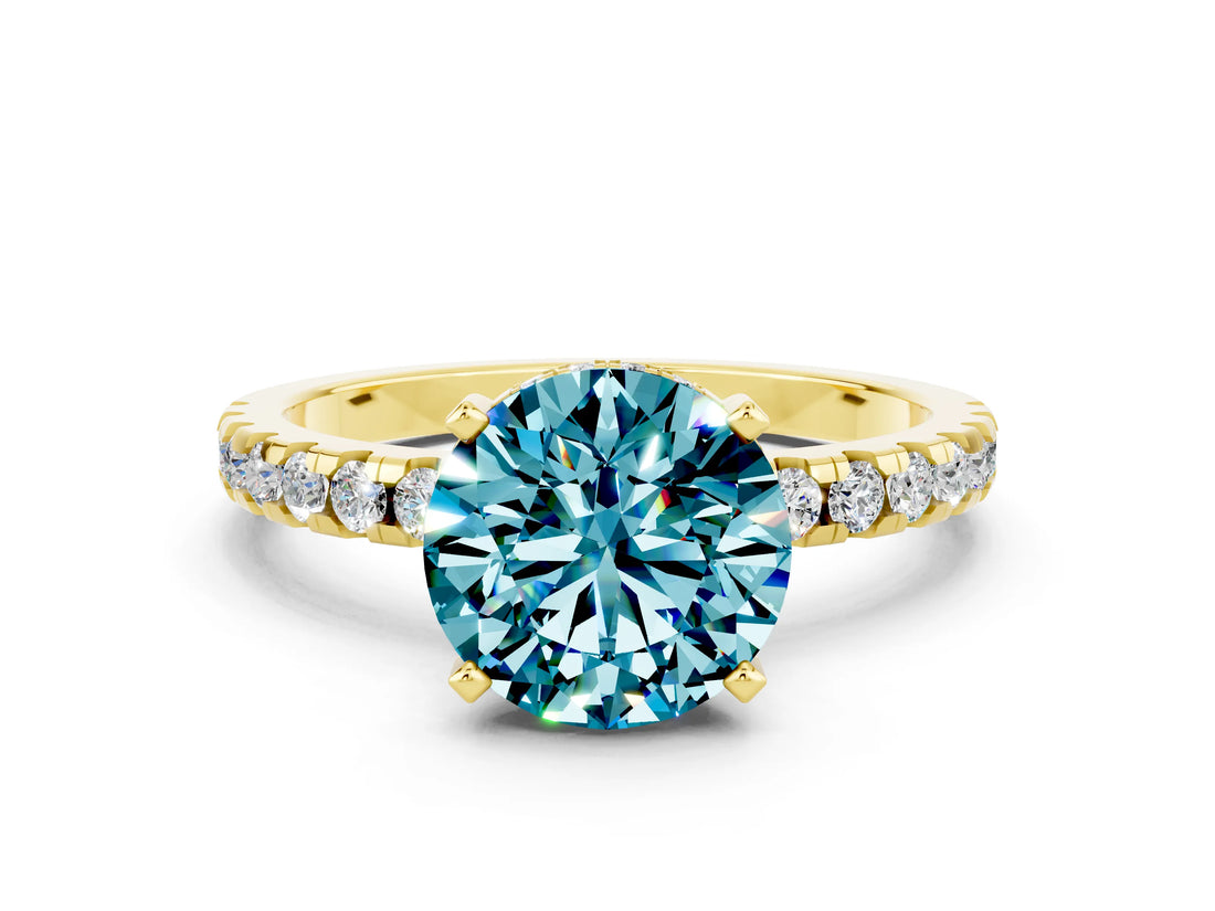 Yellow gold Round Cut Blue Topaz Solitaire Ring with Pavé Band and Four-Prong Setting_36