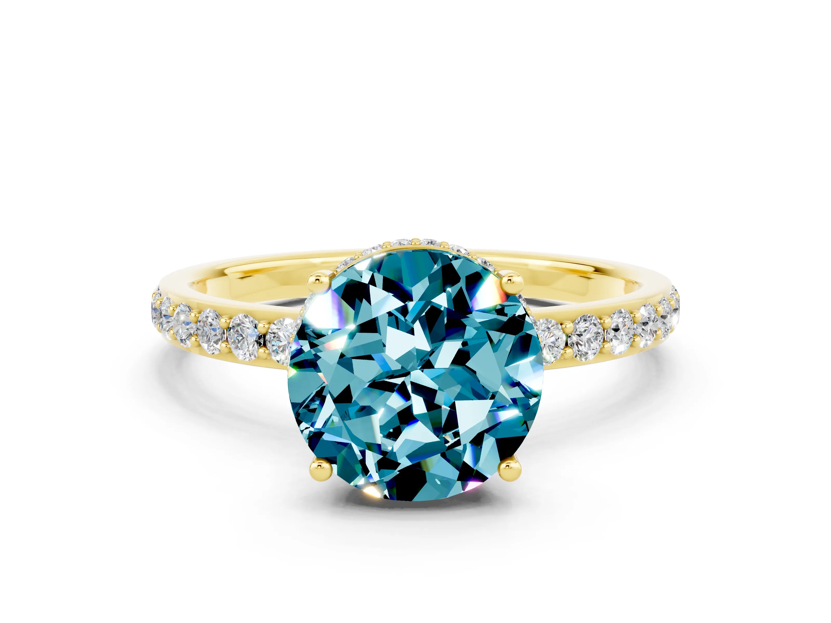 Yellow gold Round Cut Blue Topaz Solitaire Ring with Pavé Band and Hidden Halo_12