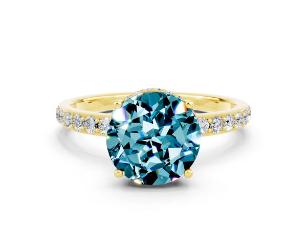 Yellow gold Round Cut Blue Topaz Solitaire Ring with Pavé Band and Hidden Halo