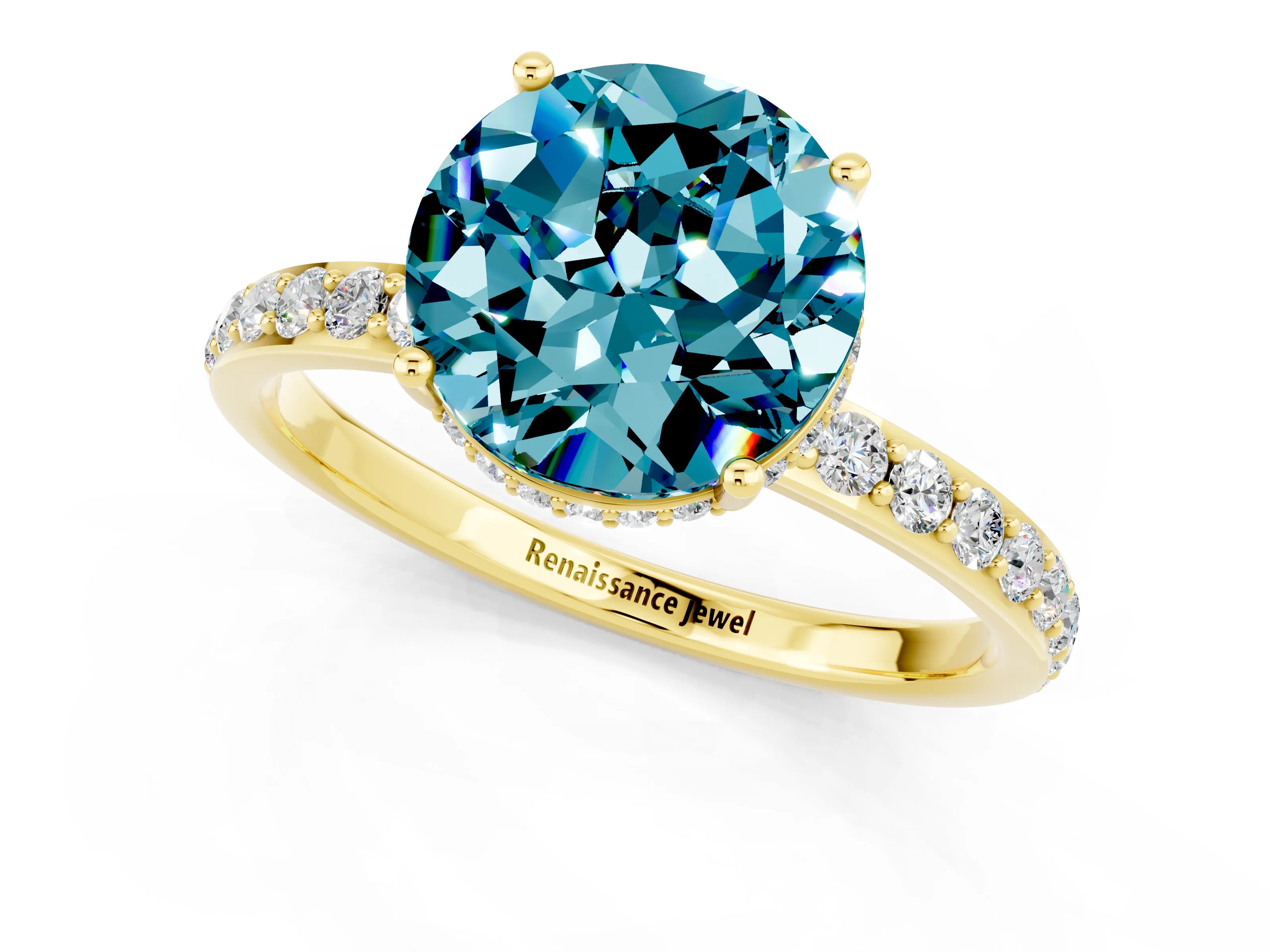 Yellow gold Round Cut Blue Topaz Solitaire Ring with Pavé Band and Hidden Halo_13