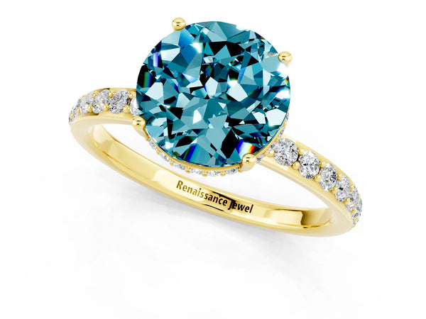 Yellow gold Round Cut Blue Topaz Solitaire Ring with Pavé Band and Hidden Halo