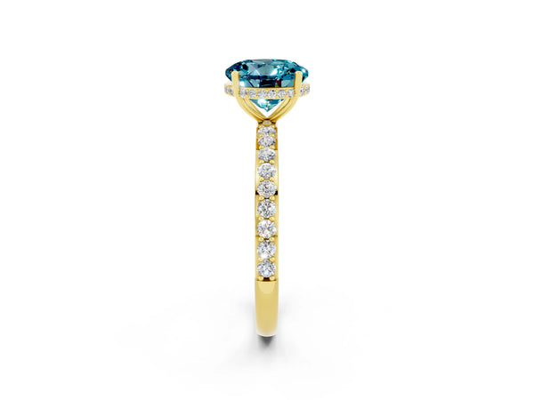 Yellow gold Round Cut Blue Topaz Solitaire Ring with Pavé Band and Hidden Halo