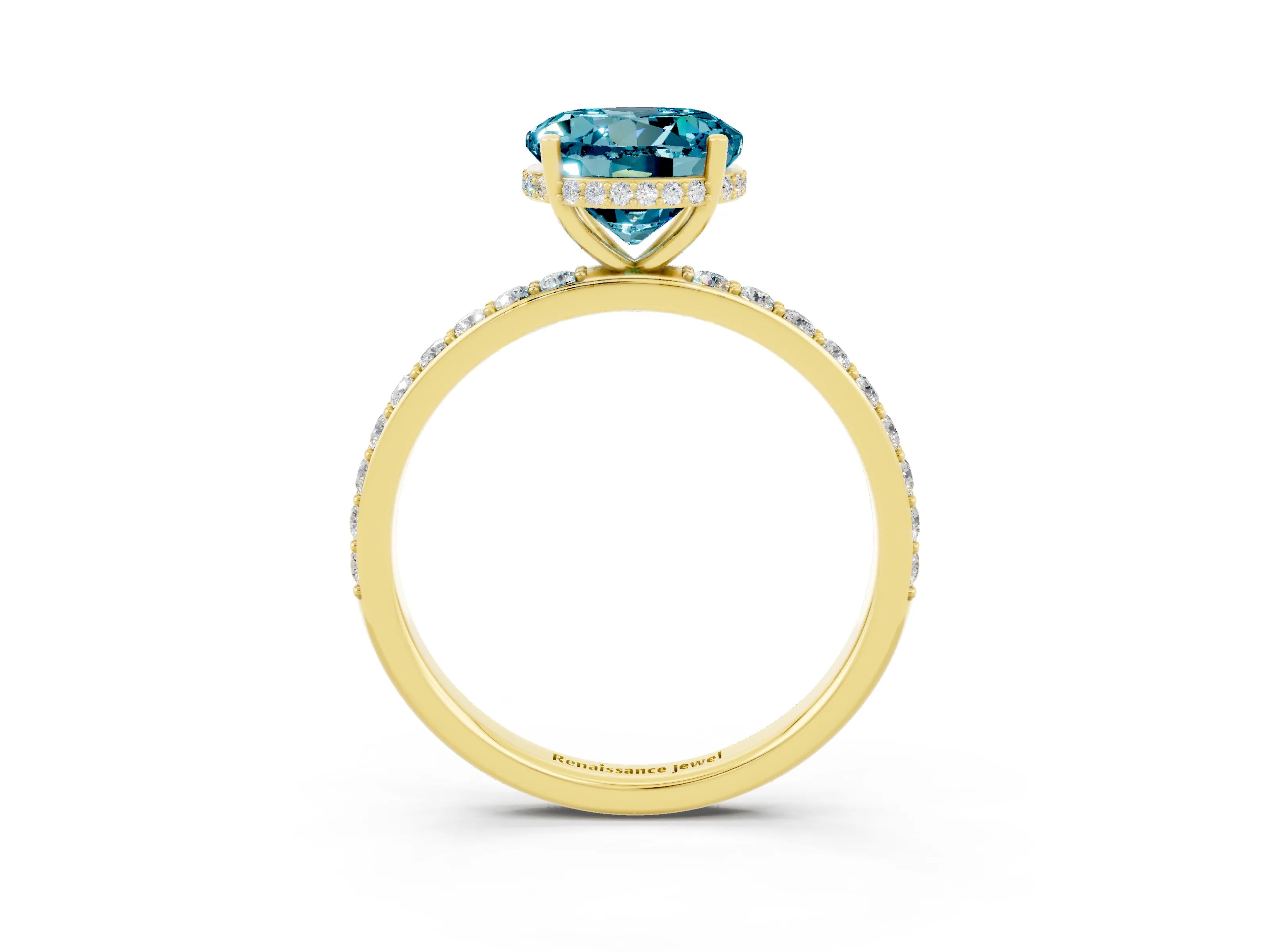 Yellow gold Round Cut Blue Topaz Solitaire Ring with Pavé Band and Hidden Halo_15
