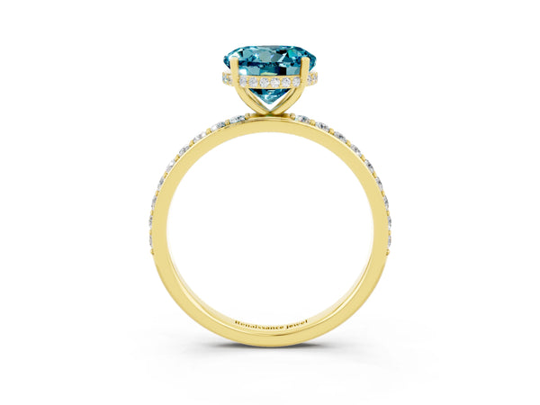 Yellow gold Round Cut Blue Topaz Solitaire Ring with Pavé Band and Hidden Halo