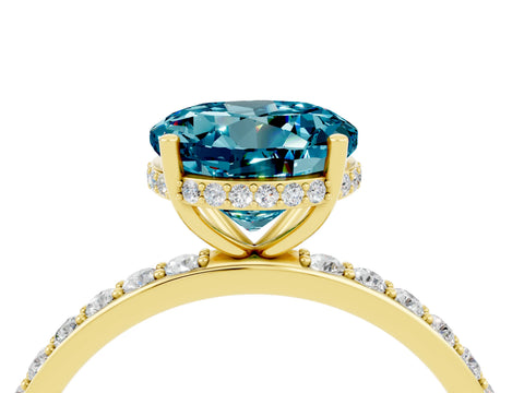 Yellow gold Round Cut Blue Topaz Solitaire Ring with Pavé Band and Hidden Halo_16