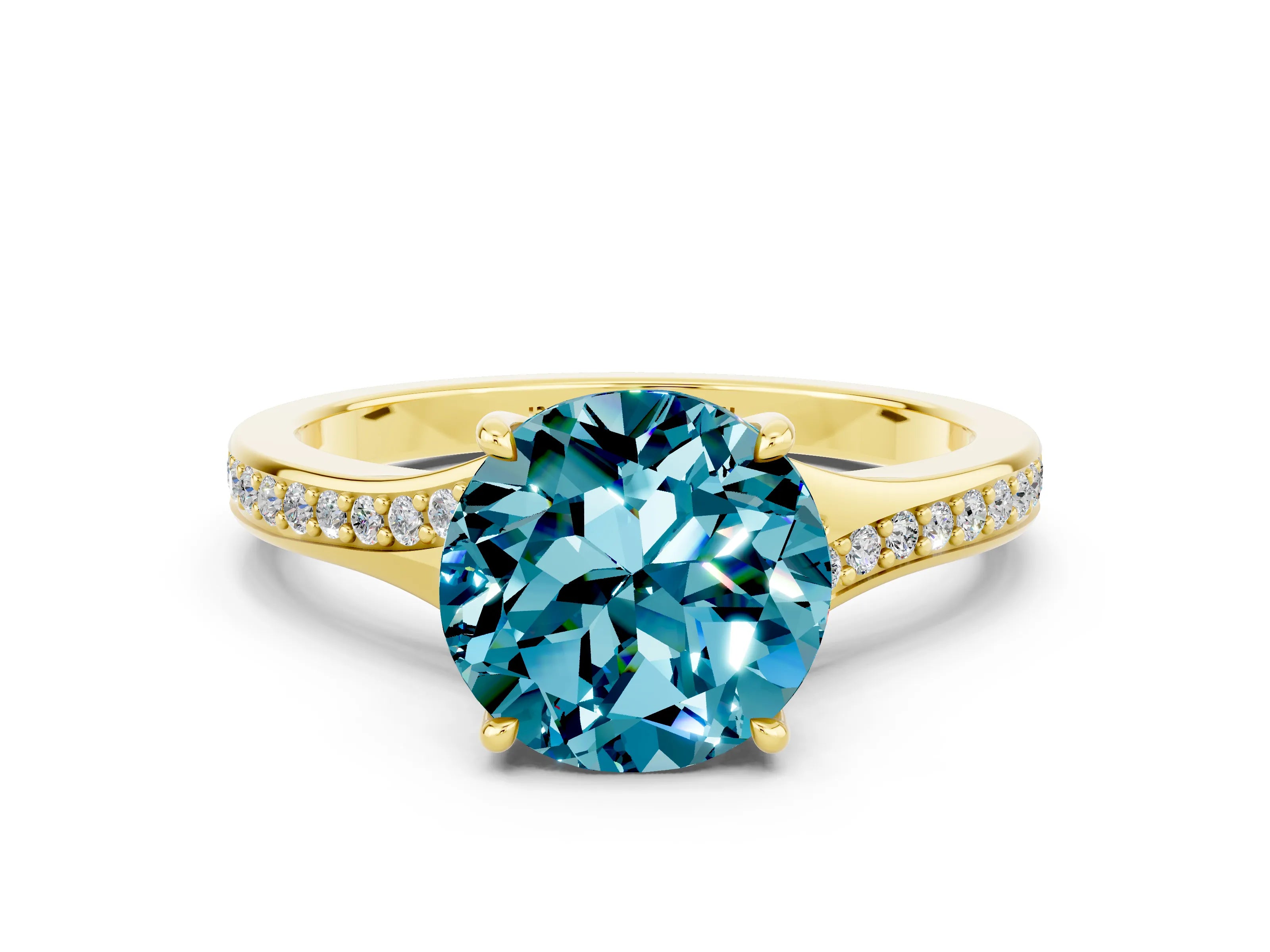 Yellow gold Round Cut Blue Topaz Solitaire Ring with Pavé Band and Prong Setting_12