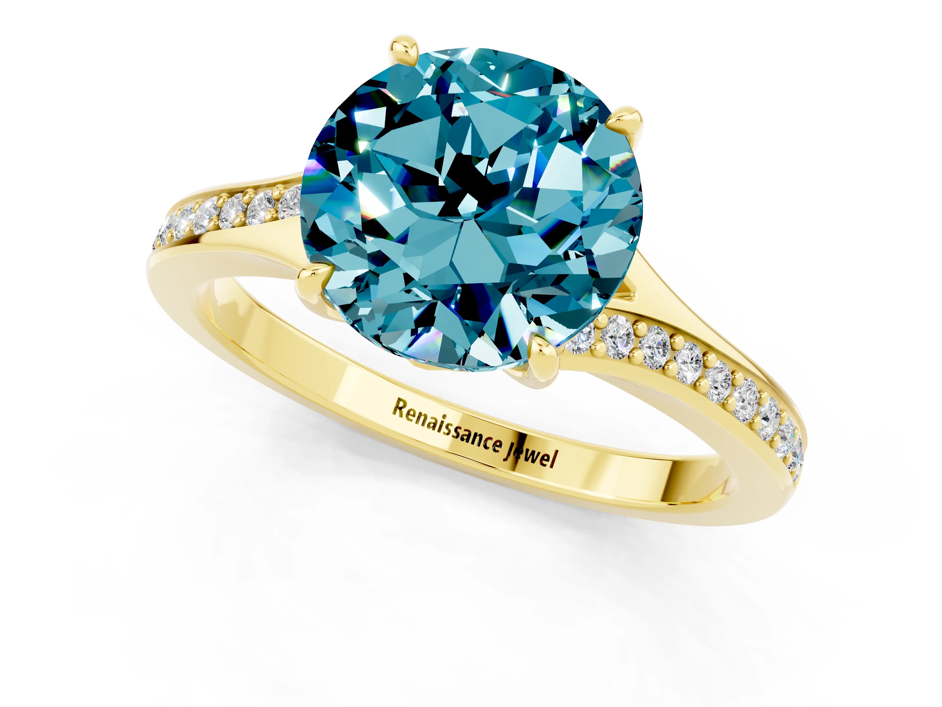Yellow gold Round Cut Blue Topaz Solitaire Ring with Pavé Band and Prong Setting_13