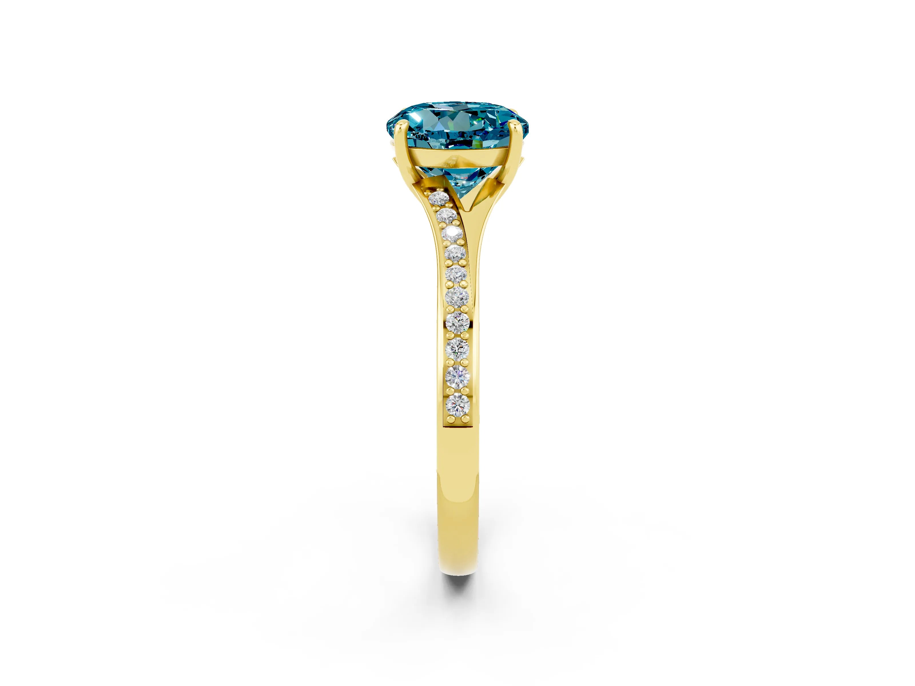 Yellow gold Round Cut Blue Topaz Solitaire Ring with Pavé Band and Prong Setting_14